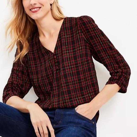 LOFT Black Red Green Gold Plaid V-Neck Blouse Puff Sleeve Top Women’s Shirt - Picture 3 of 16